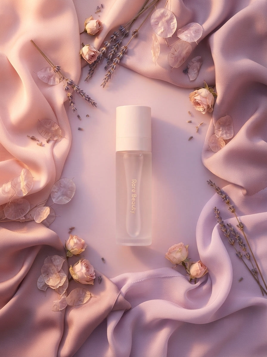 Always an Optimist 4-In-1 Mist bottle displayed in a flat-lay arrangement with blush, mauve, and lavender fabric accents.